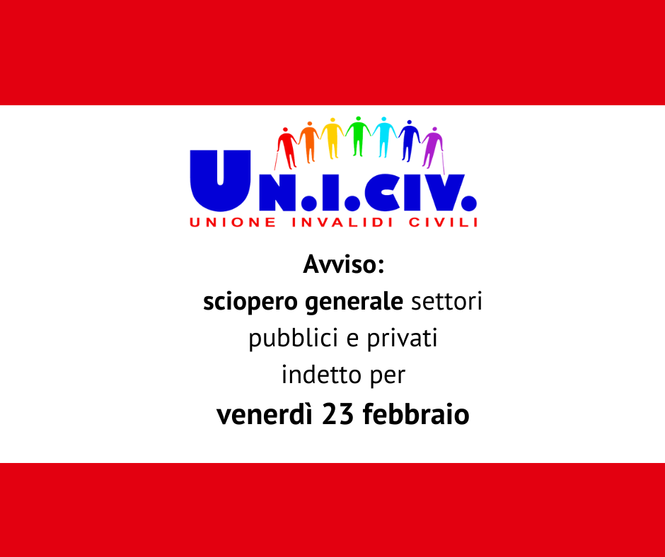 Avviso: sciopero generale settori pubblici e privati indetto per venerdì 23 febbraio